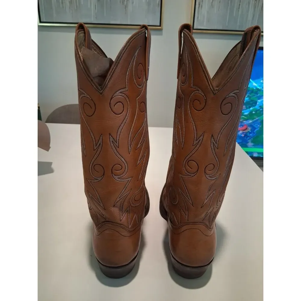 Vintage Dan Post 6865 Men's Brown Leather Cowboy Boots Size 8 D Western Stitch